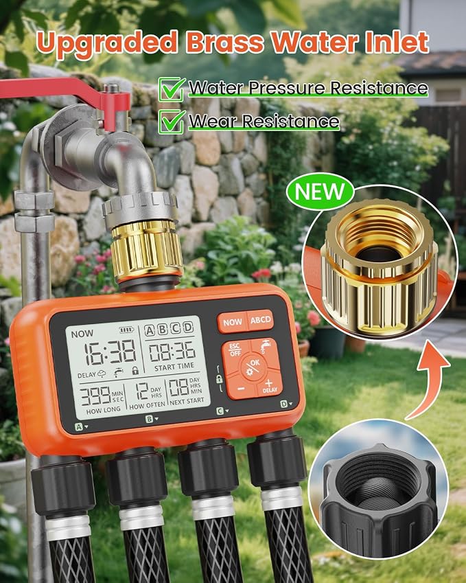 Sprinkler Timer 4 Zone with Brass Inlet Water Timer for Garden Hose Programmable Hose Faucet Controller with Independent Zone Control Custom Rain Delay Manual&Auto Watering Child Lock for Yard Lawn