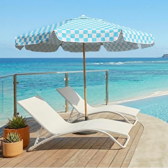 AMMSUN 7.8ft Outdoor Patio Umbrella, Boho Beach & Market Umbrella with UPF 50+ Water-Resistant Canvas, Ash Wood Pole, Air Vent and Carry Bag for Patios, Gardens, Decks and Poolside (Cyan Checker)