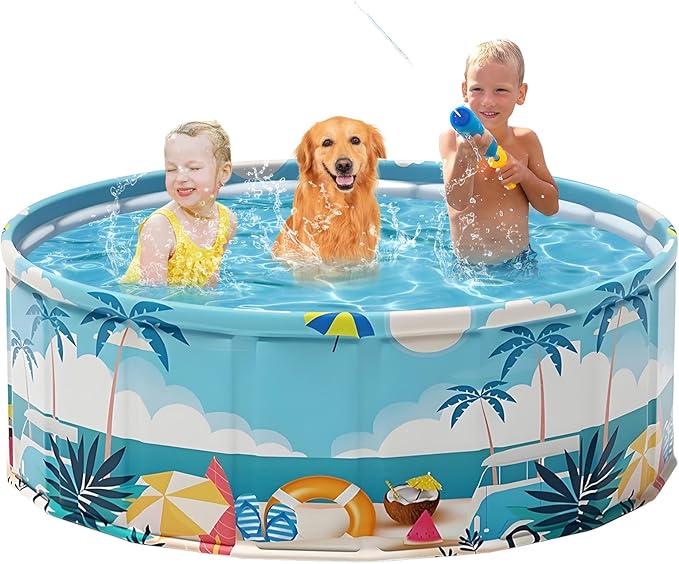 Foldable Kids Pool Hard Plastic Collapsible Deep Kiddie Pool, Small Toddler Pools for Swimming, Backyard Dog Pool (Beach Party 62.9"x17.7")
