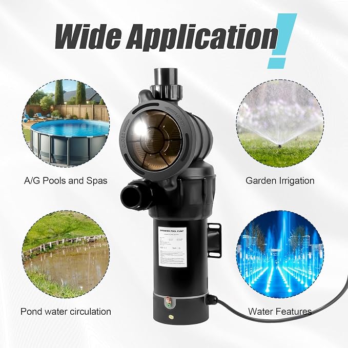 DoE-Compliant CEC approved 1.5HP 115v 4920GPH Above Ground Pool Pump | Above Ground Pool Motor Pump with On Off Switch and Reversible Discharge Port, 6.6ft Cord, 1.5" Port w/ 1.25" & 1.5" fitting