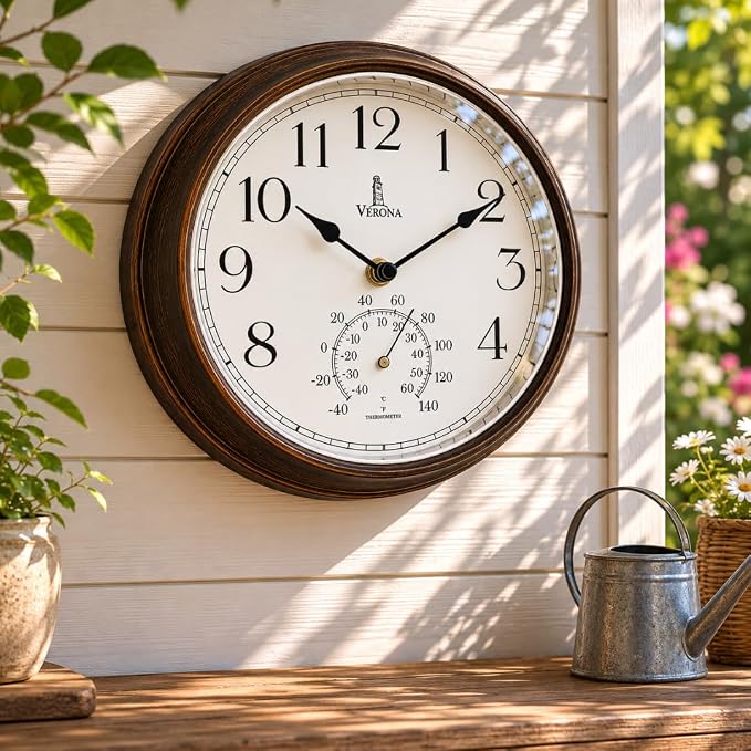Outdoor Clocks for Patio Waterproof with Thermometer — 9.5 Inch Indoor Outdoor Wall Clock with Temperature Display — Weatherproof, Accurate & Easy to Read for Pool, Garden & Home Decor