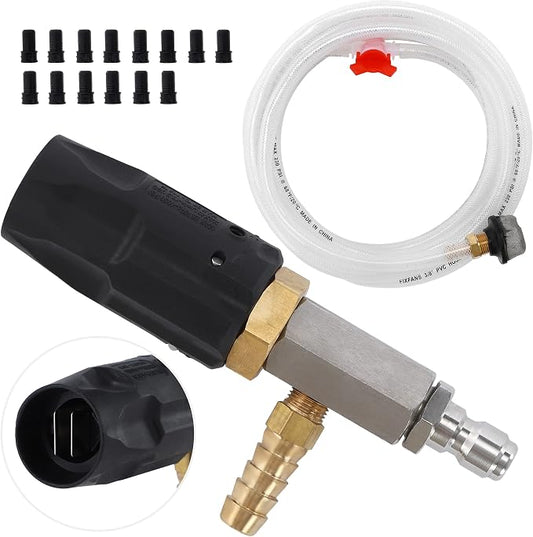 FIXFANS Adjustable Pressure Washer Long Range Nozzle, 15 FT Braid Hose, Downstream Injector Kit for High Power Washer, External Chemical Injection with 1/4 Inch Quick Connector, 3-3.5 GPM