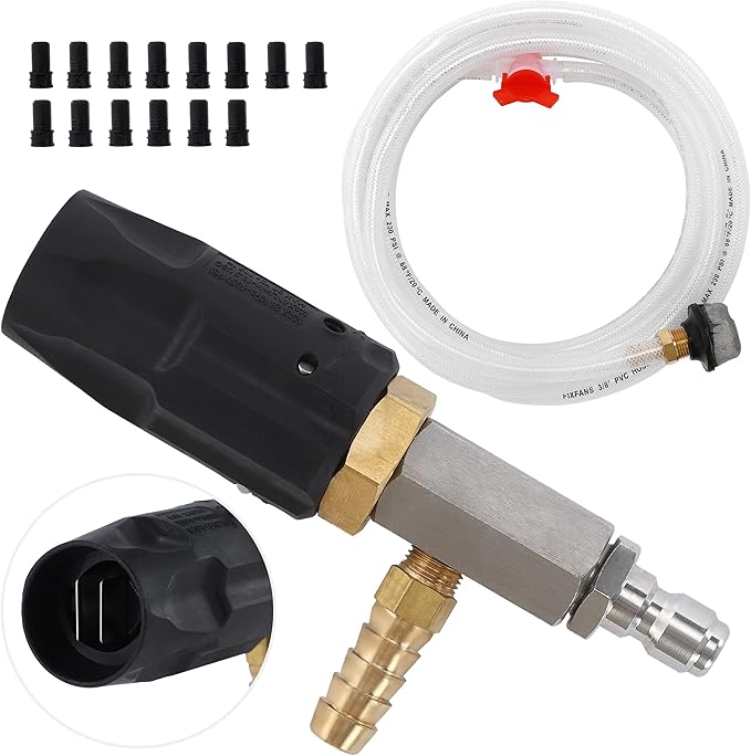 FIXFANS Adjustable Pressure Washer Long Range Nozzle, 15 FT Braid Hose, Downstream Injector Kit for High Power Washer, External Chemical Injection with 1/4 Inch Quick Connector, 5-6.5 GPM