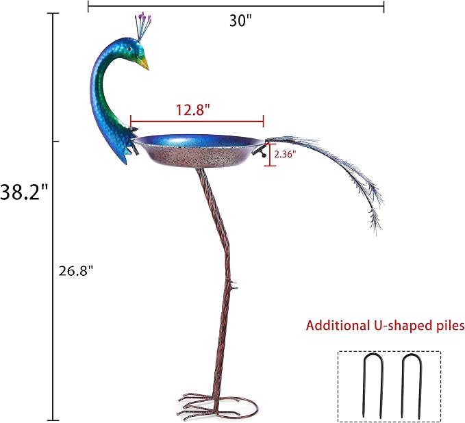 HLQMFHT 12.8" W*38.2" H Peacock Bird Baths for Outdoor, Metal Bird Feeder Seed Trayr,Bird Bath Drinker Plate, Garden Lawn Yard Decor(Multicolor)