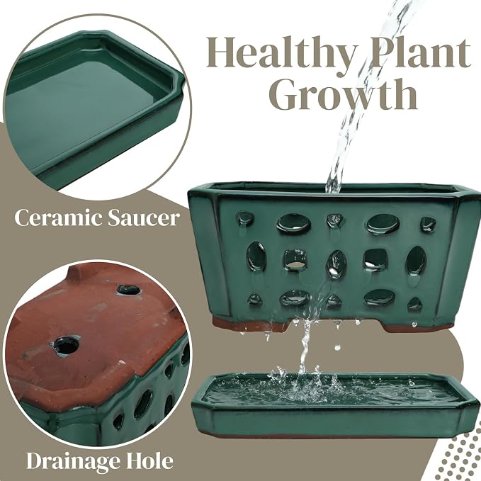 Pumtus Ceramic Orchid Pot with Saucer & Holes, Large Rectangle Repotting Plant Pot with Gloves & 3 PCS Shovels, Thickened Glazed Decorative Planter, Slotted Flower Container for Good Air Circulation