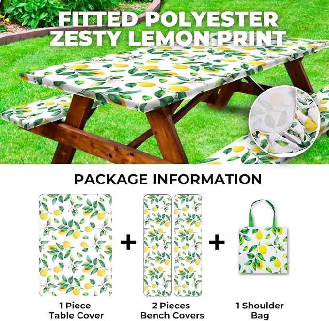 RNOONY 6ft Polyester Picnic Table Cover with Bench Covers Windproof & Waterproof Tablecloth, Perfect for Camping Gifts & RV Essentials, Cool Camping Gadgets, with Carrying Bag, 72x30 Inches, 4Pcs