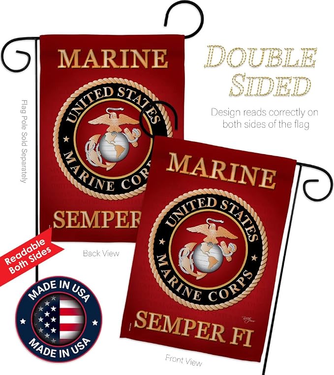 Marine Corps Garden Flag - Set Wall Holder Armed Forces USMC Semper Fi United State American Military Veteran Retire Official - House Banner Small Yard Gift Double-Sided Made in USA 13 X 18.5
