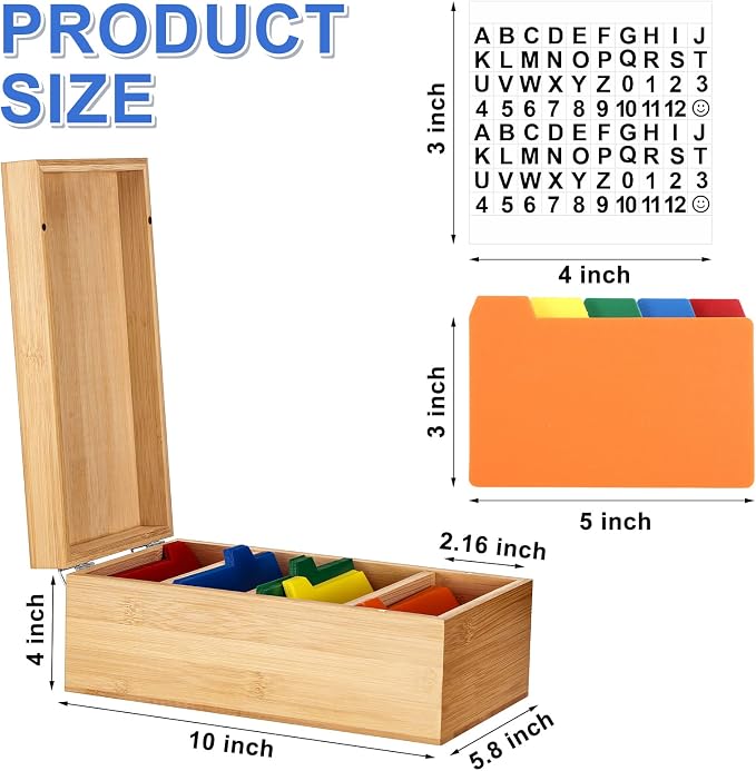 Henoyso 3 x 5 Inch Index Card Holder Set, Bamboo Organizer Box with 50 Dividers & 2 Sheets Alphabet Number Stickers File Note Holders, Holds 1200 Cards for Office Business Home Kitchen, Wooden Color