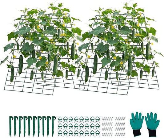 VEVOR Cucumber Trellis, 35" x 55" Foldable A-Frame Garden Trellises for Raised Bed, 4 Panels, Metal Rustproof Outdoor Climbing Plant Support with Gloves for Vine, Peas, Beans, Tomato, Flowers