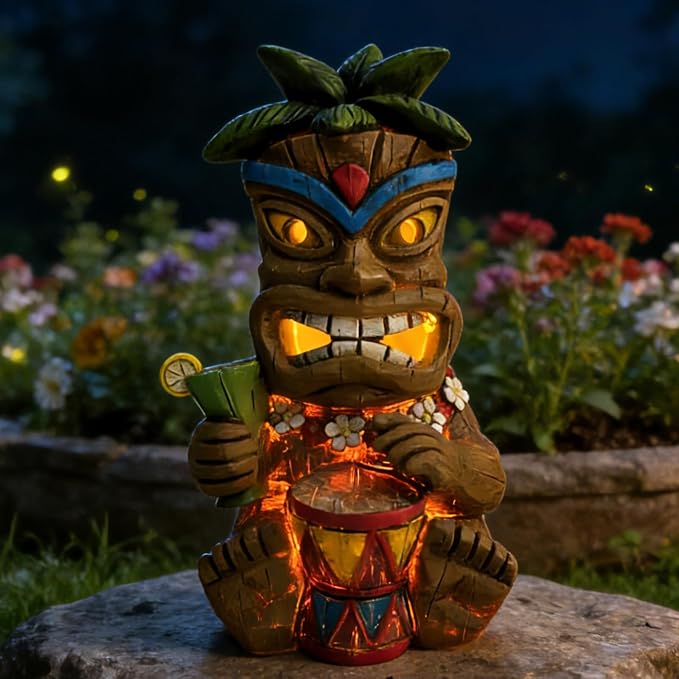 Miniature Tiki Garden Statue Solar Outdoor Decorations - Tiki Bar Tropical Themed Parties Figurines for Patio Yard Lawn Ornaments Gifts for Birthday Housewarming 3.2''(W) x 3.4''(D) x 5.9''(H)F