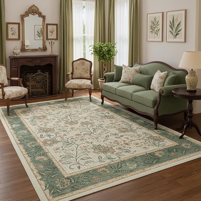 GarveeHome 5x7 Area Rug Sage Green Washable Rugs for Living Room Bedroom | Non Slip Soft Low Pile French Country Floor Mat Botanical Floral Print Throw Rug Indoor Carpet Dining Room Playroom