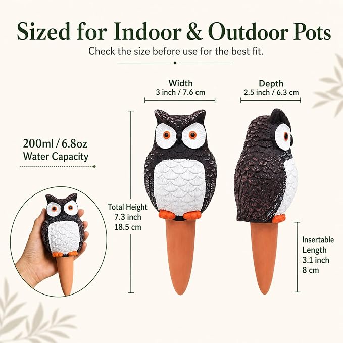 Terracotta Watering Spikes 4 Pack, Cute Self Watering Plant Spikes, Clay Plant Watering Devices, Slow Release Self Watering Planter Insert for Indoor Outdoor Potted Plants (Owl) | Porous terracotta, Top refill design, Decorative owl shape, Easy plant care