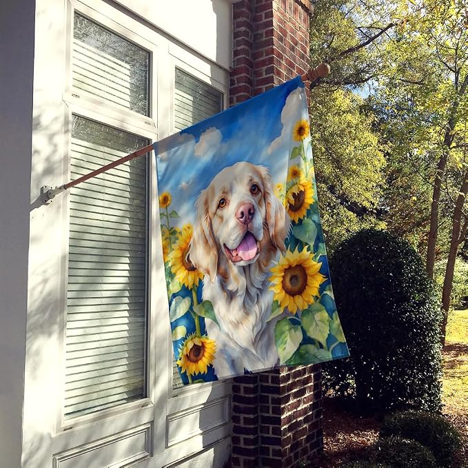 Caroline's Treasures DAC6056CHF Clumber Spaniel in Sunflowers House Flag Large Porch Sleeve Pole Decorative Outside Yard Banner Artwork Wall Hanging, Polyester, House Size, Multicolor