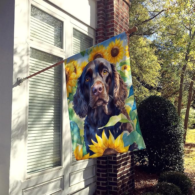Caroline's Treasures DAC6011CHF American Water Spaniel in Sunflowers House Flag Large Porch Sleeve Pole Decorative Outside Yard Banner Artwork Wall Hanging, Polyester, House Size, Multicolor