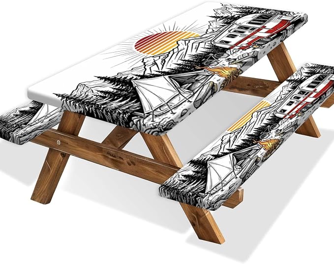 Picnic Table and Bench Covers Set Camping Essentials - Waterproof Windproof Vintage Camper Tablecloth, Camping Accessories with Drawstring Bag Fits Standard Rectangle Tables for Picnic, 30X96 inch
