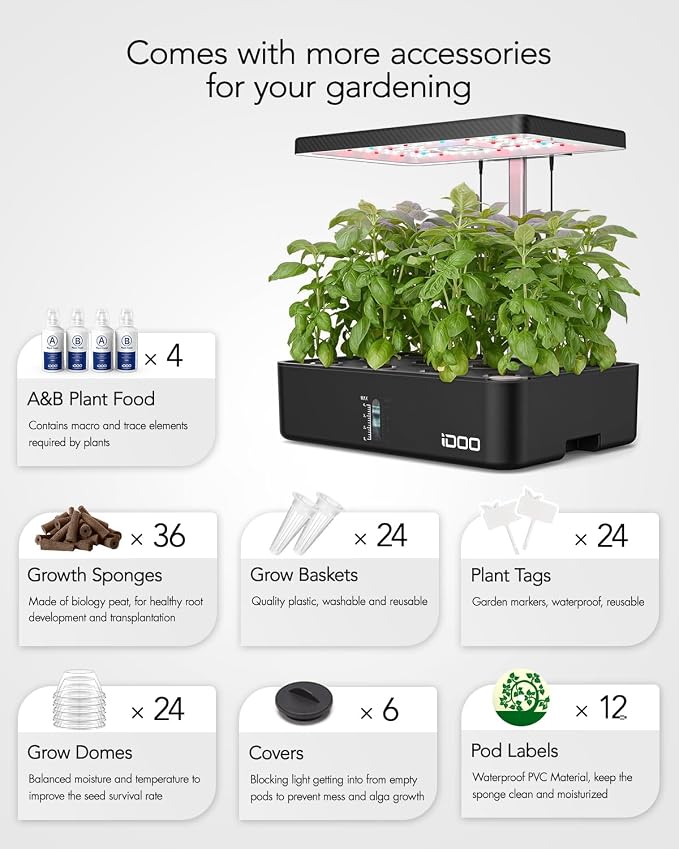 iDOO Indoor Garden Hydroponics Growing System for Growing Plants & Lettuce | Herb Garden with 12 Pods Plant Germination Kit, LED Grow Light, Adjustable Height, Auto-Timer, Hydrophonic Planter