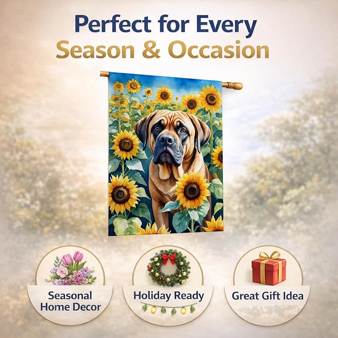 Caroline's Treasures DAC6120CHF Mastiff in Sunflowers House Flag Large Porch Sleeve Pole Decorative Outside Yard Banner Artwork Wall Hanging, Polyester, House Size, Multicolor