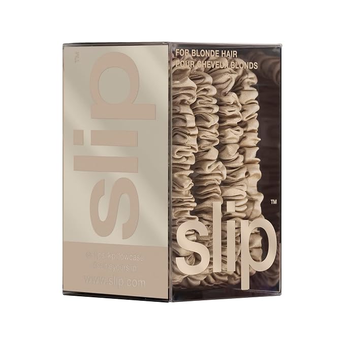 Slip Silk Hair Ties — Skinny Silk Blonde Scrunchies, No Damage, No Crease, Anti-Breakage |100% Mulberry Silk | All Hair Types | Made with Proprietary Slipsilk™ | Set of 4