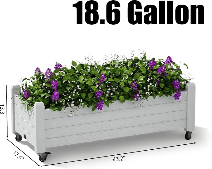 Raised Garden Bed with Wheels, Resin Planter Box with Drain Hole and Water Level Detector, Herb Planter for Garden Patio Backyard, Ashen(13.3" H)