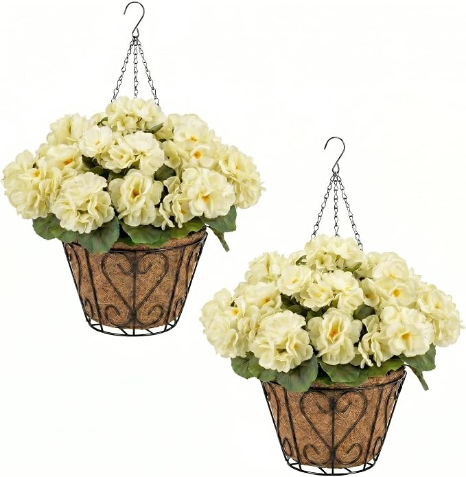 2 Pack Artificial Geraniums Flowers with Hanging Baskets,UV Resistant Silk Faux White Geranium Flowers with Hanging Planters for Outdoor Patio Balcony Front Porch Garden Home Decor