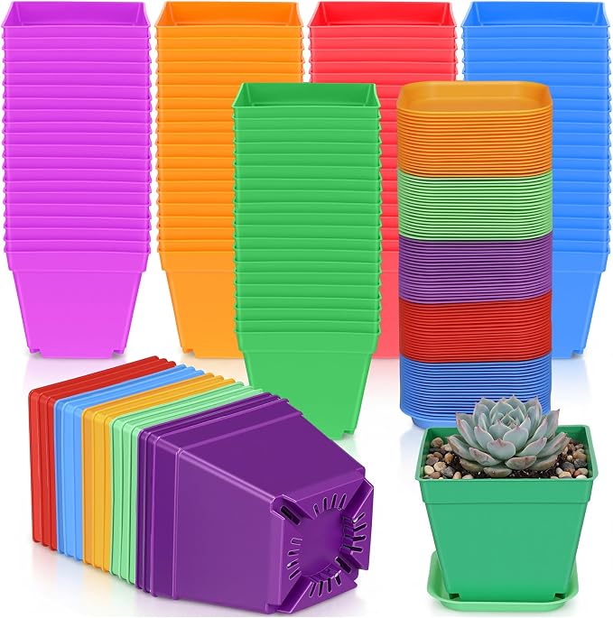 Amyhill 100 Pcs 4 Inch Flower Pots Square Plants Nursery Pot Plastic Plant Seedling Pots Small Nursery Transplanting Planter Container with Saucer for Indoor Succulent Balcony Garden (Colorful)
