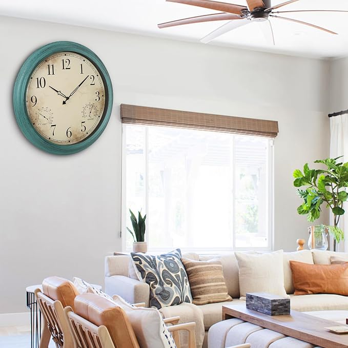 18 Inch Wall Clock, Retro Outdoor Clock Non-Ticking Waterproof Indoor Outdoor Clock with Thermometer, Green