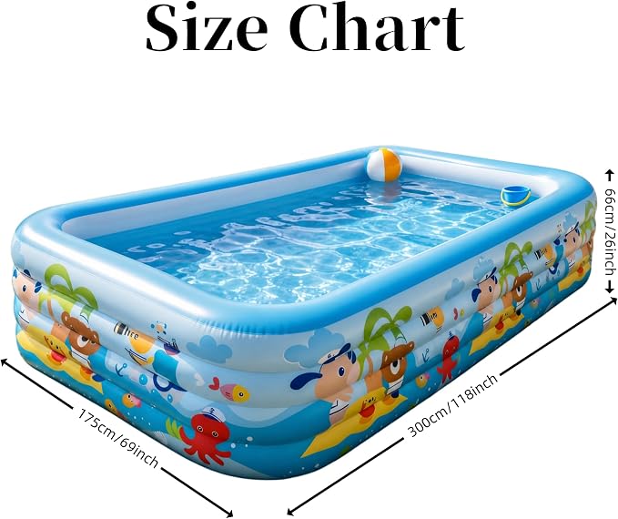 Heavy Duty 4-Ring Inflatable Family Pool 118x69x26 Inches Blow Up Swimming Pool for Backyard Garden Summer Water Party