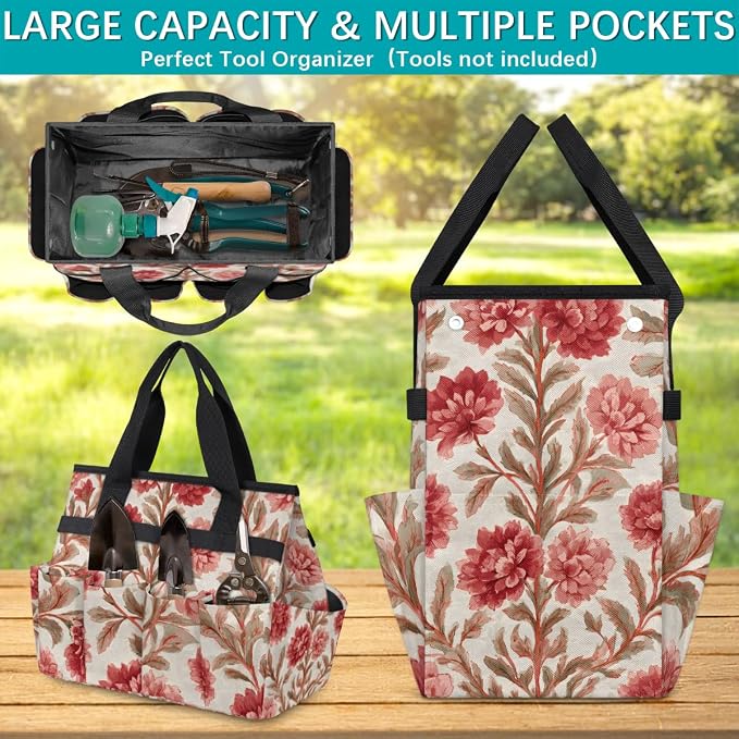 Garden Tote Bag with 10 Pockets Vintage Flowers Heavy Duty Gardening Bags for Tools Organizer Storage Bag with Handle for Garden Lawn Yard Casual