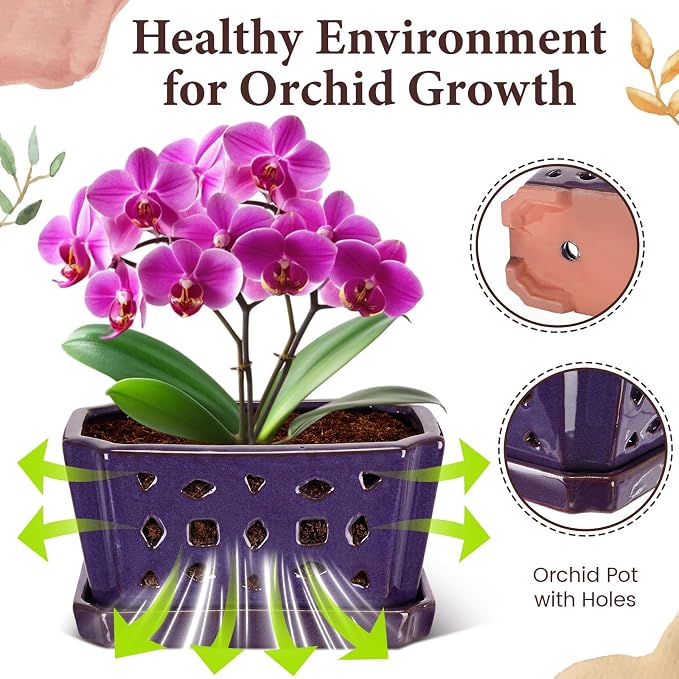 Teenyyou 1 Set Orchid Pot with Holes 9.5 Inch Ceramic Orchid Pot with Saucers for Repotting Amaryllis Flower Planter Include Gardening Shovel Set and Gloves for Home Decor (Purple)