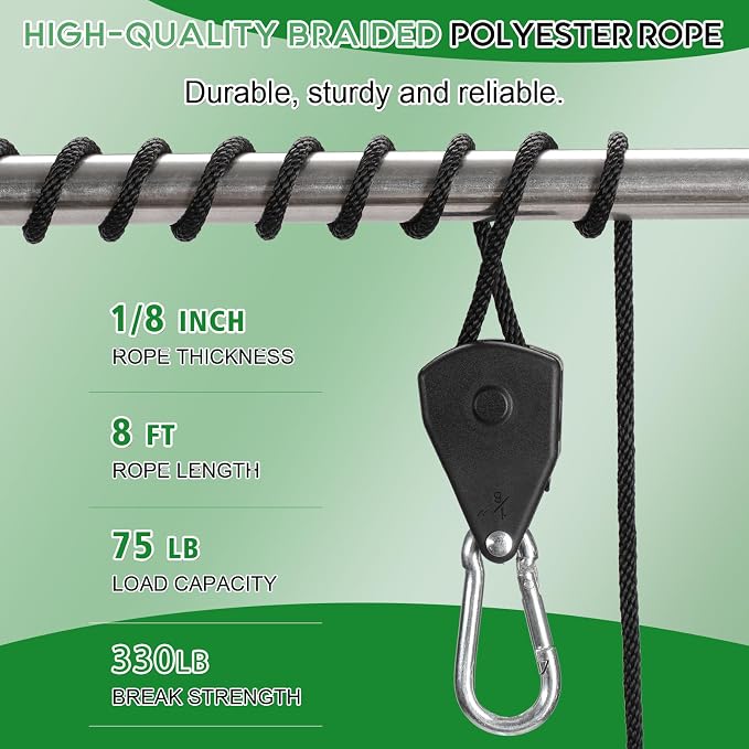 Grow Light Rope Hanger 50Pairs，1/8" 8-Feet Long Heavy Duty Adjustable Rope Clip Hanger, Adjustable Rope Ratchet Hangers 150 Lbs per Pair Used with Grow Light, Grow Bags