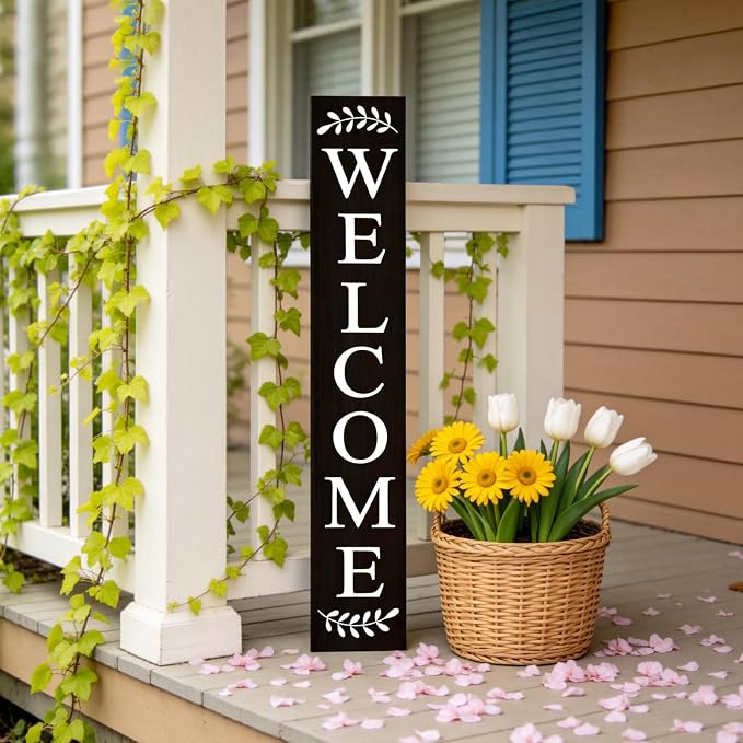Welcome Sign for Front Porch, 47" Large Wooden Welcome to Our Home Sign Door Hanging Standing Plaque, Farmhouse Vertical Outdoor Porch Decorations for Yard Patio Entrance, Black