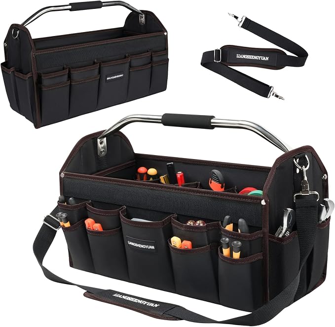22 In Tool Carrier, Open Top Tool Tote 30 Pockets, Waterproof Tool Bag For Men, Foldable Wide Mouth Electricians Tool Bag, With Stainless Steel Handle and Removable Shoulder Strap