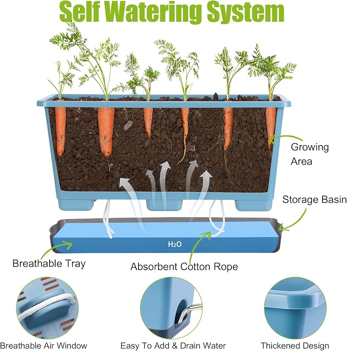 Oliz Window Box Planter 6 Pcs, 17 Inches Rectangle Flower Pots with Drainage Holes and Trays, Vegetable Planters for Windowsill Patio Garden Balcony Indoor Outdoor (Blue, 17 * 7.4 * 7.8 inch)