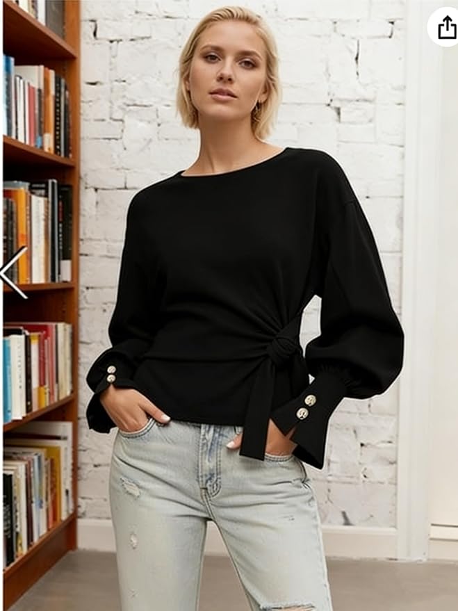 Dsewpaur Twist Knot Tie Front Sweatshirt Tops For Women Long Balloon Sleeve Crew Neck Pullover Casual Fall Outfits