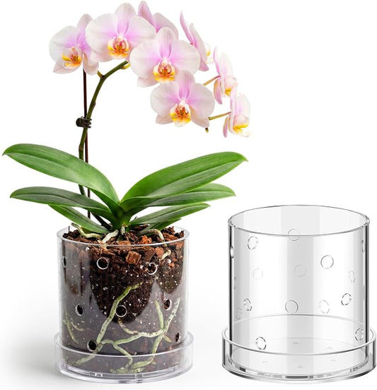 7 Inch Clear Acrylic Orchid Planter Pot with 360° Round Holes & Tray, Thick Acrylic Vented Planter for Phalaenopsis, Root Airflow, Bottom Watering & Indoor Orchid Repotting