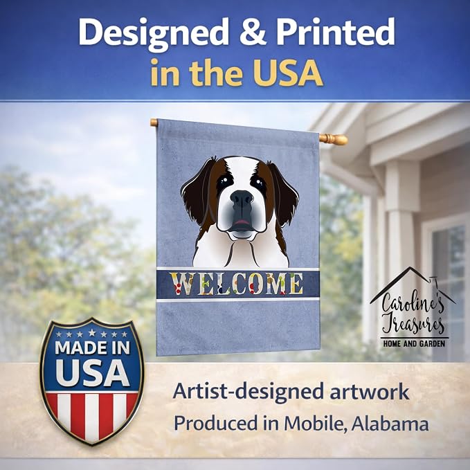 Caroline's Treasures BB1432CHF Saint Bernard Welcome House Flag, Blue Large Porch Sleeve Pole Decorative Outside Yard Banner Artwork Wall Hanging, Polyester, House Size, Multicolor