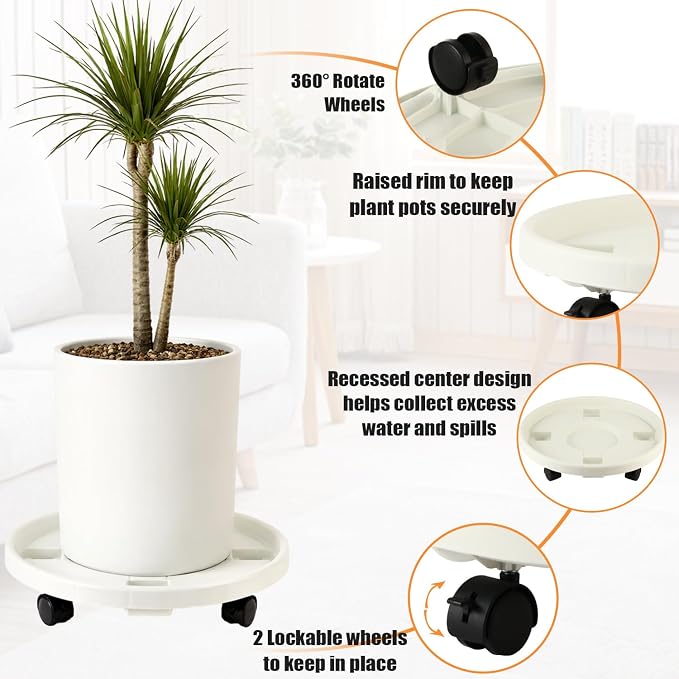 5-pack 14.2" Large Plant Caddy with Wheels Plastic Plant Dolly with Locking Caster Flower Pot Mover Rollers Wheeled Rolling Plant Stands Round Plant Saucer on Wheels Indoor Outdoor Base Coasters White