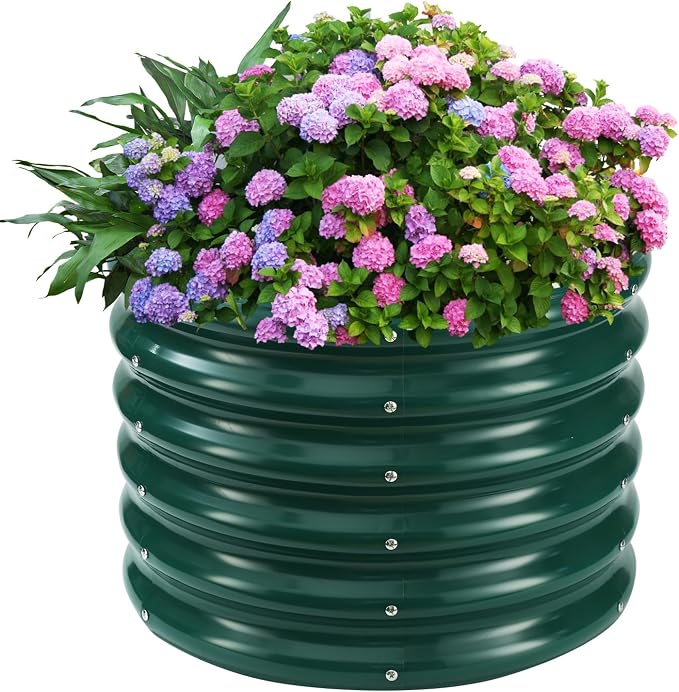 YSEJOMP 17" Tall Round Outdoor Garden Raised Garden Bed Kits-0.8MM Thick Metal Raised Planter Bed/Ground Planter Box for Variety of Flowers,Herbs,Vegetables,Trees (Dark Green, 24 Dia X 16.5 inches)