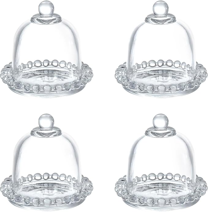 MyGift Set of 4 Mini Glass Cloche Domes with Scalloped Base – Small Round Display Covers for Trinkets, Keepsakes, Jewelry, Collectibles, Party Favors, Table Decorations, and Home Décor