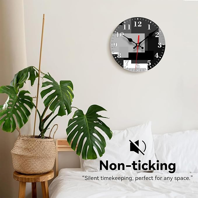 Wall Clock, Abstract Black Gray Geometric Silent Non Ticking Battery Operated Round Decorative Indoor Outdoor Clocks for Living Room Kitchen Bedroom Bathroom Patio 12"