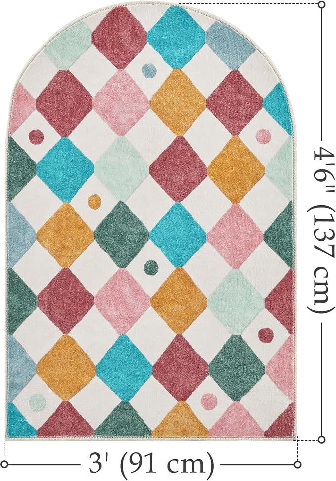 jinchan 3x5 Washable Kids Rug Colorful Study Corner Arch Chair Mat Confetti | Soft, Non-Slip, Cute, Whimsical, Kid-Friendly, Dirt Trapping, Checkered Diamond, Doormat, Nursery, Bedroom, Dorm