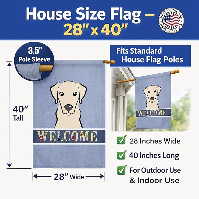 Caroline's Treasures BB1408CHF Yellow Labrador Welcome House Flag, Blue Large Porch Sleeve Pole Decorative Outside Yard Banner Artwork Wall Hanging, Polyester, House Size, Multicolor