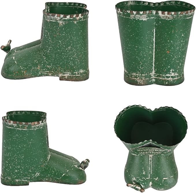 Vintage Distressed Boot Planter, Rustic Flowers & Garden Metal Rain Boot Plant Pot, Farmhouse Succulent Herb Planter for Indoor Outdoor Home Garden Patio Decor (Green - Small)
