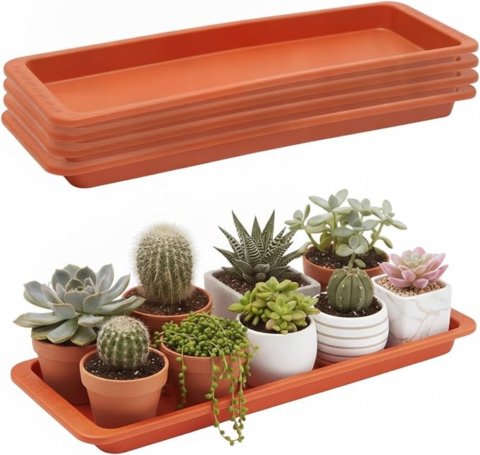Cinnvoice 4 Pack Terracotta 24 x 8 x 1.6 Inch Rectangle Plant Saucer Large Plastic Plant Tray Water Drip Trays for Windowsill Flower Pot Planter Drainage Germination Garden Indoor Outdoor Use