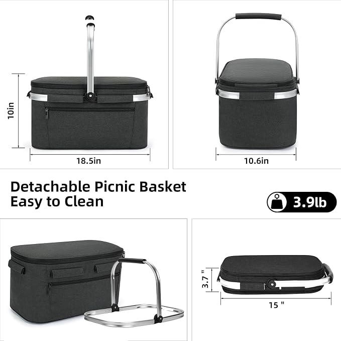 ALLCAMP Picnic Basket - 2 Ice Box Included 32L Insulated Cooler, Thickening Foldable Picnic Basket with Removable Baskets & Sewn-in Frame, Basket for House Warming Gifts New Home(Black)