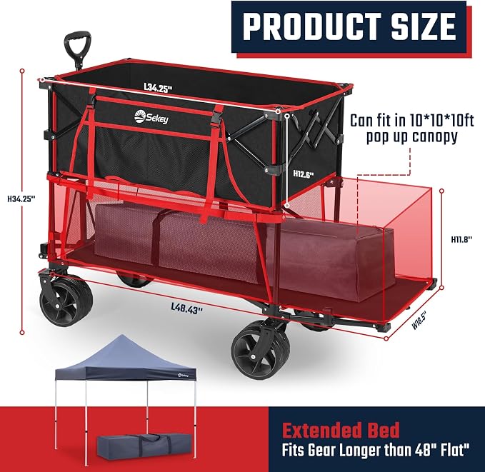 Sekey 500LBS Heavy Duty Double Decker Wagon with Extender, 400L Large Capacity Collapsible Garden Cart Fits 10x10 Canopy, All-Terrain Big Wheels with Brakes, Foldable Utility Wagon for Sports, Camping