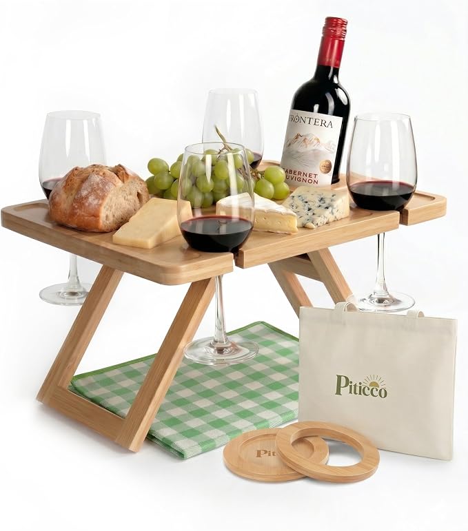 Portable Wine Picnic Table - Foldable Bamboo Snack Tray with Glass & Bottle Holders - Picnic Wine Set for Beach, Camping, Park - Gift for Wine Lovers
