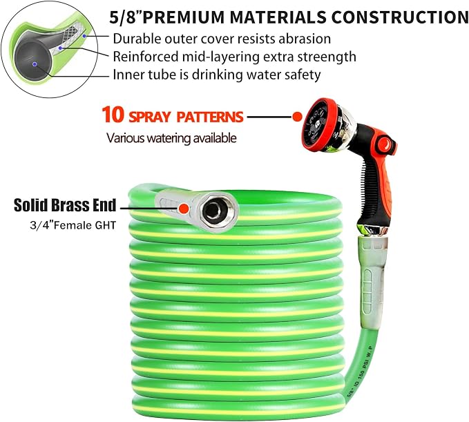 HQMPC Garden Hose 5/8"IDx75' Hose garden watering yard lawn irrigation Durable PVC Non Kinking Hybrid Hose with Swivel Handle Heavy Water Hose with Brass Hose Fittings (75 FEET) Light Green