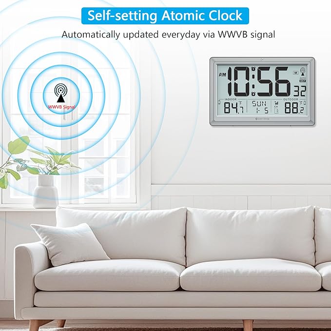 Atomic Clock Wall with Indoor/Outdoor Temp, Battery Operated Digital Wall Clock with 10.5" Large LCD Display, 330ft Range Desk Table Clock with Alarm, DST, Calendar for Living Room, Silver-gray