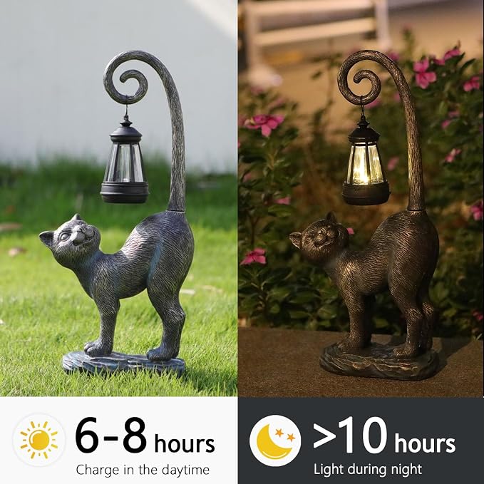 Halloween Decorations Gifts Outdoor Cat Garden Statues with Solar Lights, Home Decor Cat Figurines for Lawn,Patio,Balcony,Porch,Yard Art Ornament- Birthday Gifts for Women Grandma Sister